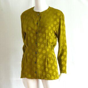 Celine Paris Two Tone Green Dot Fitted Long Silk Blouse